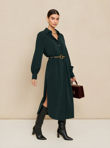 Autumn Dresses 2025 Women's Decent Plain Long Cuffed Sleeve Shirt Collar Side Slit Basics Midi Dresses