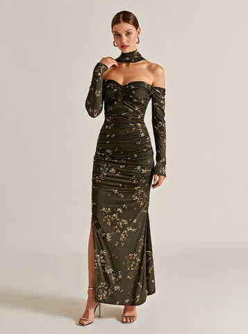 Autumn Dresses 2025 Women's Elegant Ditsy Floral Long Sleeve Halter Neck Side Slit Party Midi Dresses