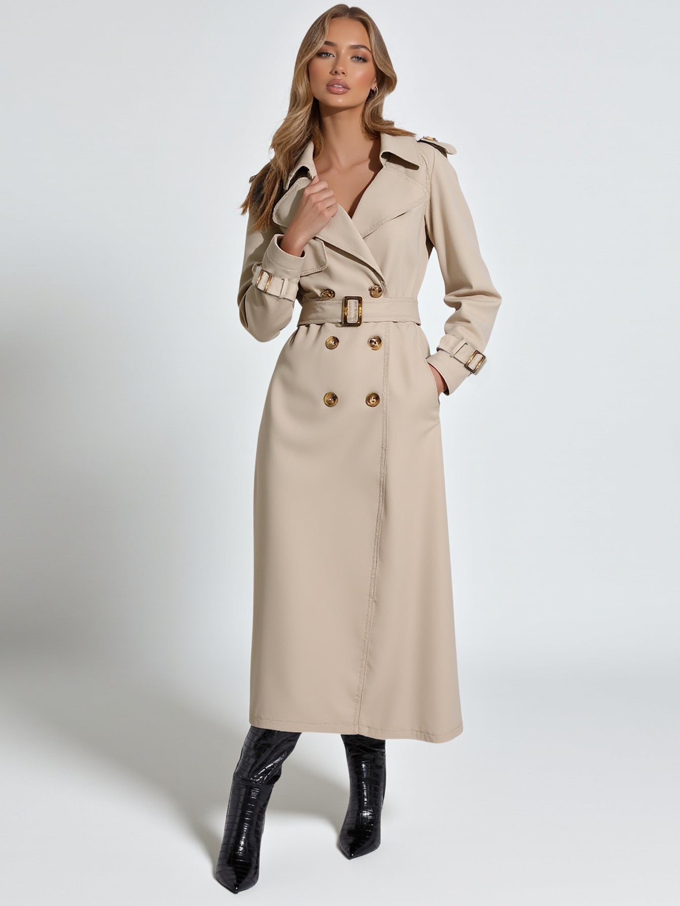 Women's Double-Breasted Coat With Cuff Buttons Stand Collar Waist Belt Slim Fit Four Colors Available Straight From Factory