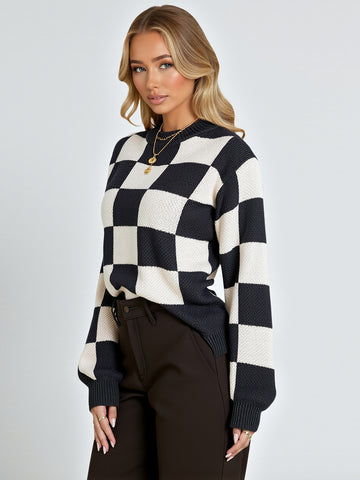 Autumn Winter Women's Sweater Chic Casual Contrast Color Plaid Long Sleeve Crew Neck Daily Sweater