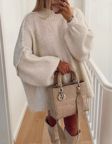 Women's Sweater Autumn Winter Fashion Comfortable Loose Fit Solid Color Drop-Shoulder Sleeve Mock Neck Casual Sweater