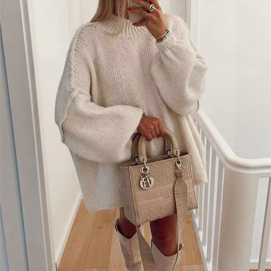 Women's Sweater Autumn Winter Fashion Comfortable Loose Fit Solid Color Drop-Shoulder Sleeve Mock Neck Casual Sweater