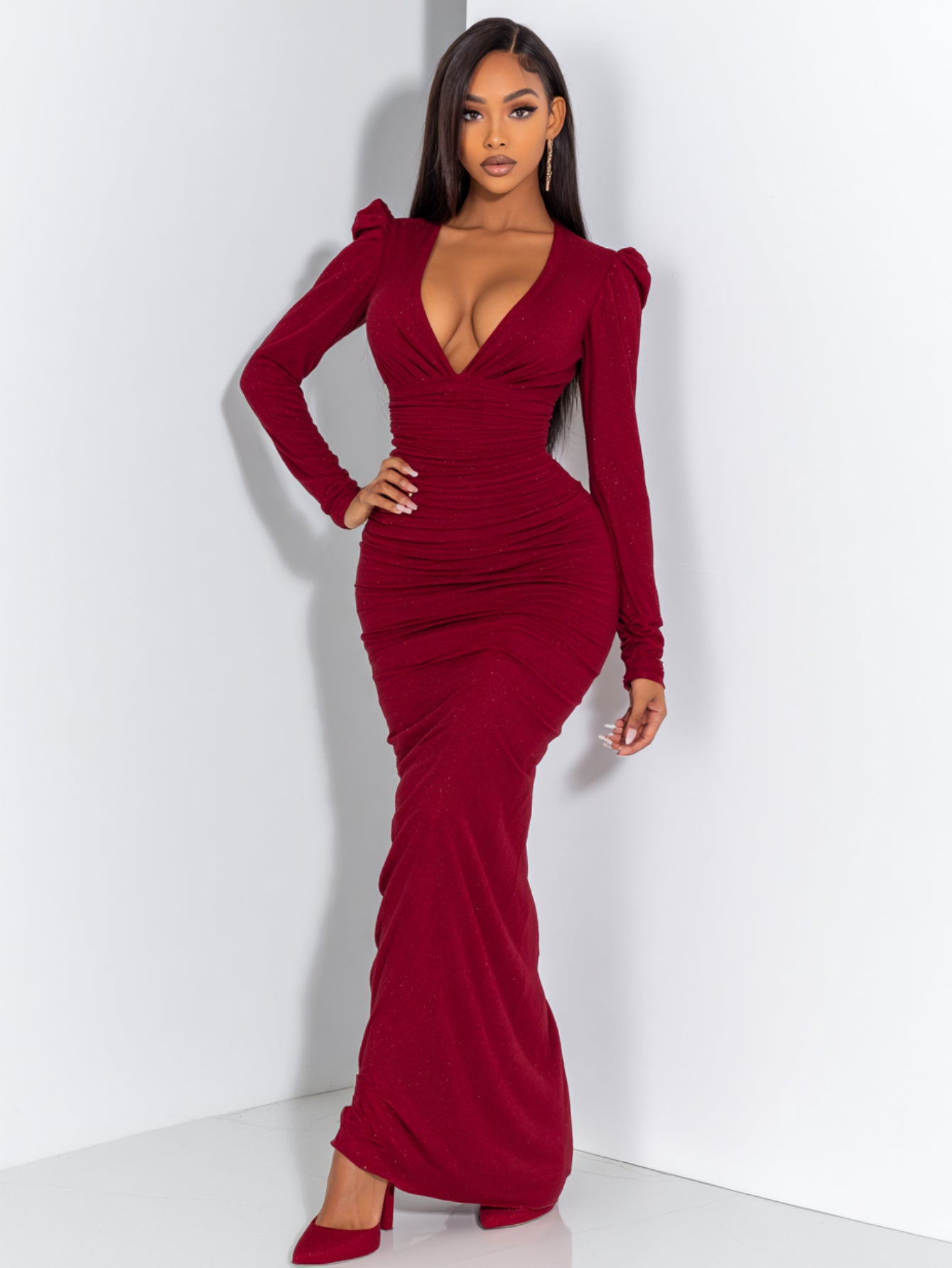 Women's Dress Autumn Elegant 2025 Plain Plunge V-Neck Long Sleeve Ruched Bodycon Full Length Evening Formal Dress