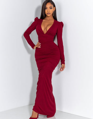Women's Dress Autumn Elegant 2025 Plain Plunge V-Neck Long Sleeve Ruched Bodycon Full Length Evening Formal Dress
