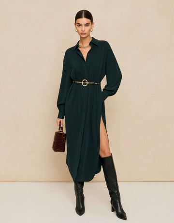 Autumn Dresses 2025 Women's Decent Plain Long Cuffed Sleeve Shirt Collar Side Slit Basics Midi Dresses