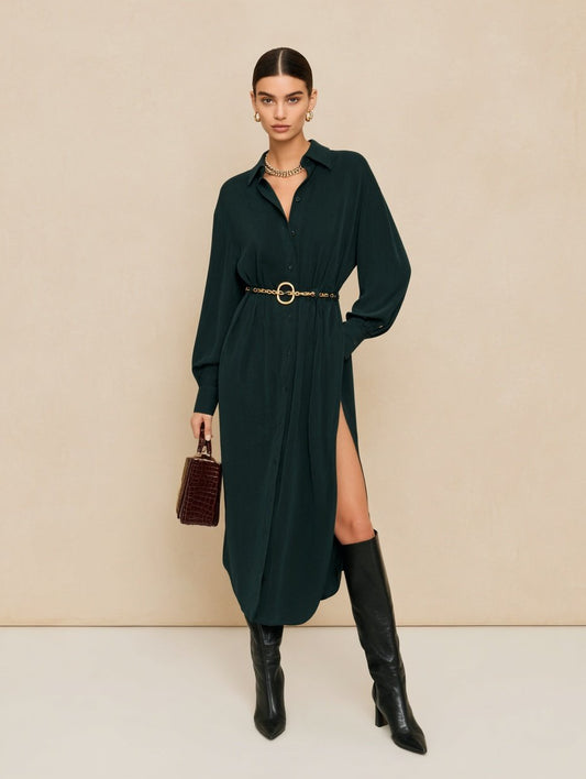 Autumn Dresses 2025 Women's Decent Plain Long Cuffed Sleeve Shirt Collar Side Slit Basics Midi Dresses