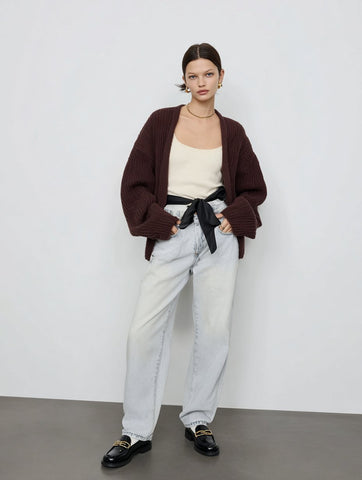 Loose Fit Long Sleeve Cardigan Winter Clothes Casual Style Regular Length Straight Tube Sleeve Women's Open Front Knitwear