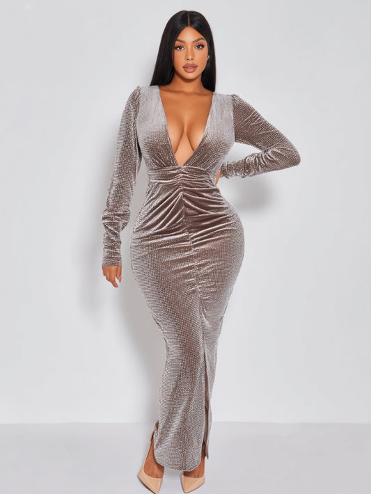 2025 Autumn Women's Dresses Sexy Plain Long Sleeve Plunge Neck Ruched Slit Elegant Maxi Mermaid Evening Dress