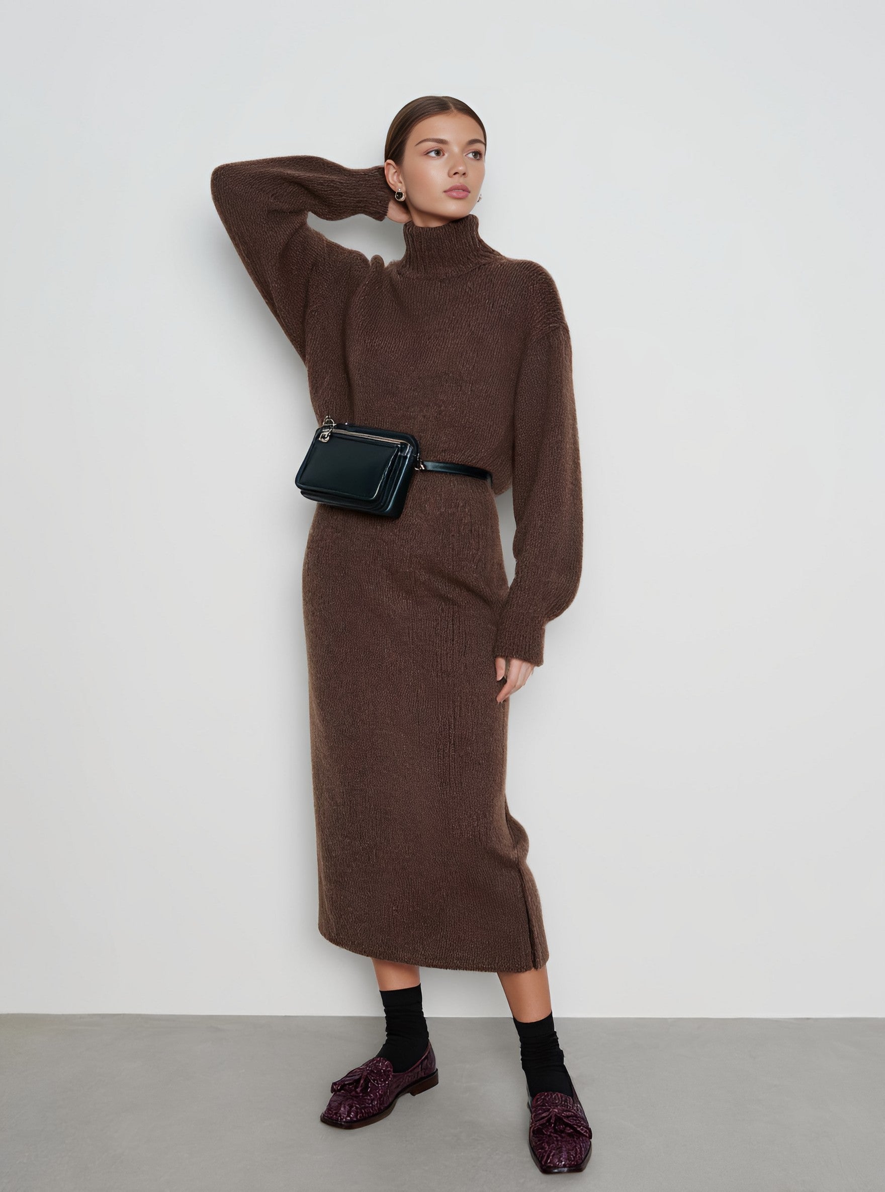 Winter Tight Fit High Collar Midi Dress Casual Straight Sleeve Long Skirt Style Women's Clothing