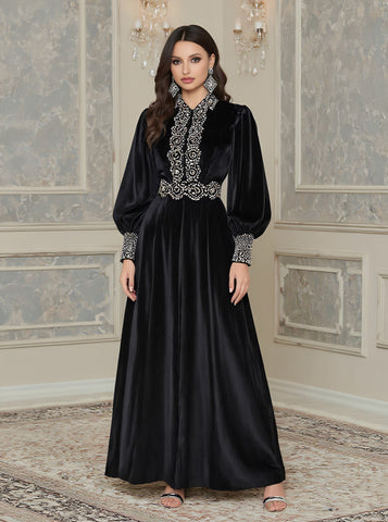 Casual Fit Midi Dress Lantern Sleeve Round Neck A-Line Skirt Autumn Fashion Muslim Women's Clothing Comfortable Long Dress