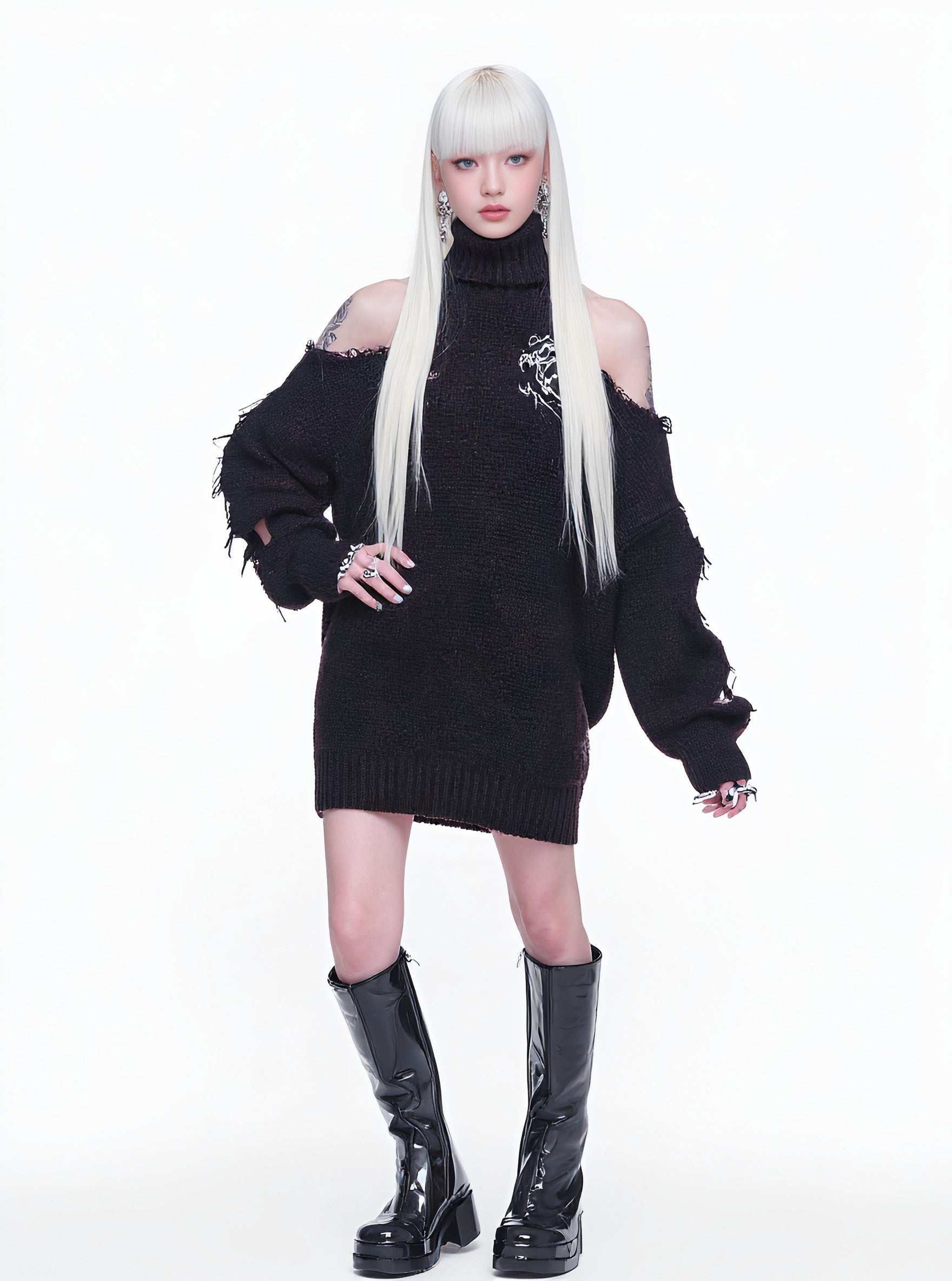 Casual Mid-Length Straight Tube Dress High Collar Shoulder Bared Sleeve Regular Fit Autumn Fashion Women's Skirt Dress