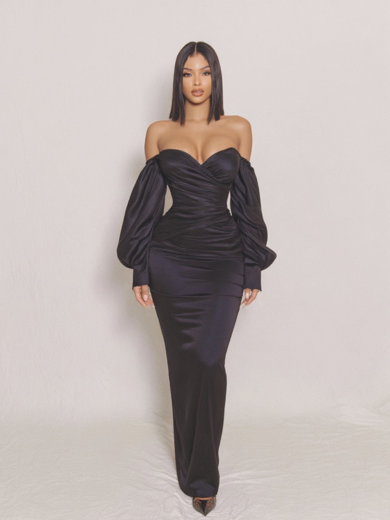 Women's 2025 Summer Fashion Dresses Long Sleeve Off Shoulder Plain Daily Skinny Fit Dresses