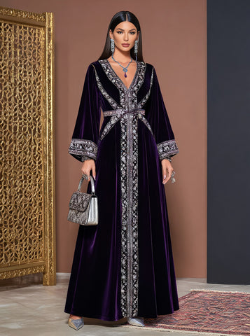 Autumn Casual Loose Jalabiyas Long Skirt With V-Neck And Straight Sleeve Muslim Fashion Arabic Robe Women's Clothing