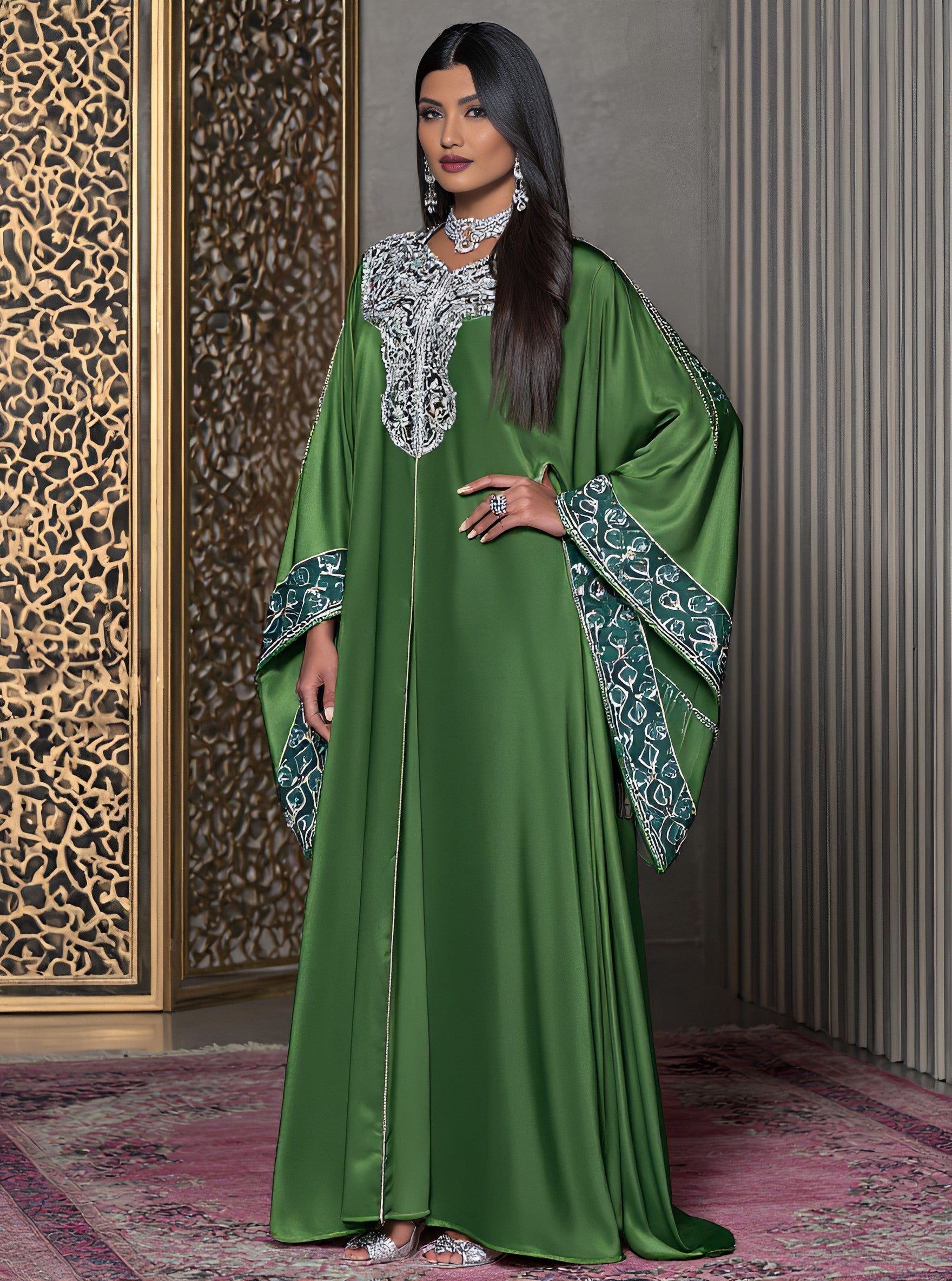 Loose Fit Kaftan Long Dress Casual Round Neck Straight Sleeve Autumn Fashion Muslim Arabic Robe Women's Clothing