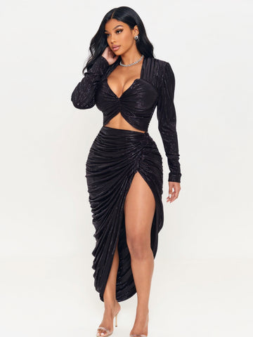 Women's Sets Autumn Dating Sexy Plain Side Slit Ruched Long Sleeve Sweetheart Neck
Midi Pencil Skirts Sets