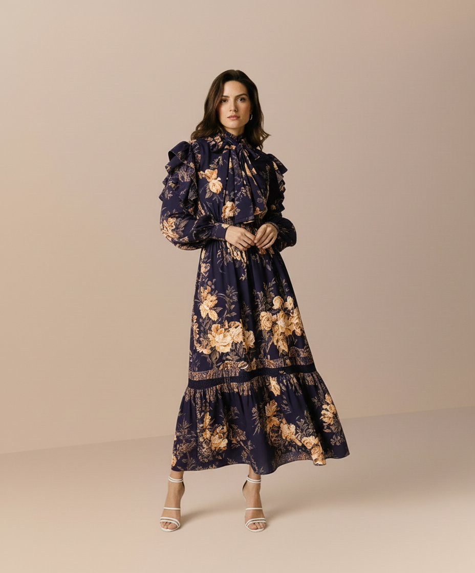 Autumn Winter Casual Dress Long A-Line Dresses Design Petal Sleeve Necktie Women's Fashion Clothing Bodyfit Style