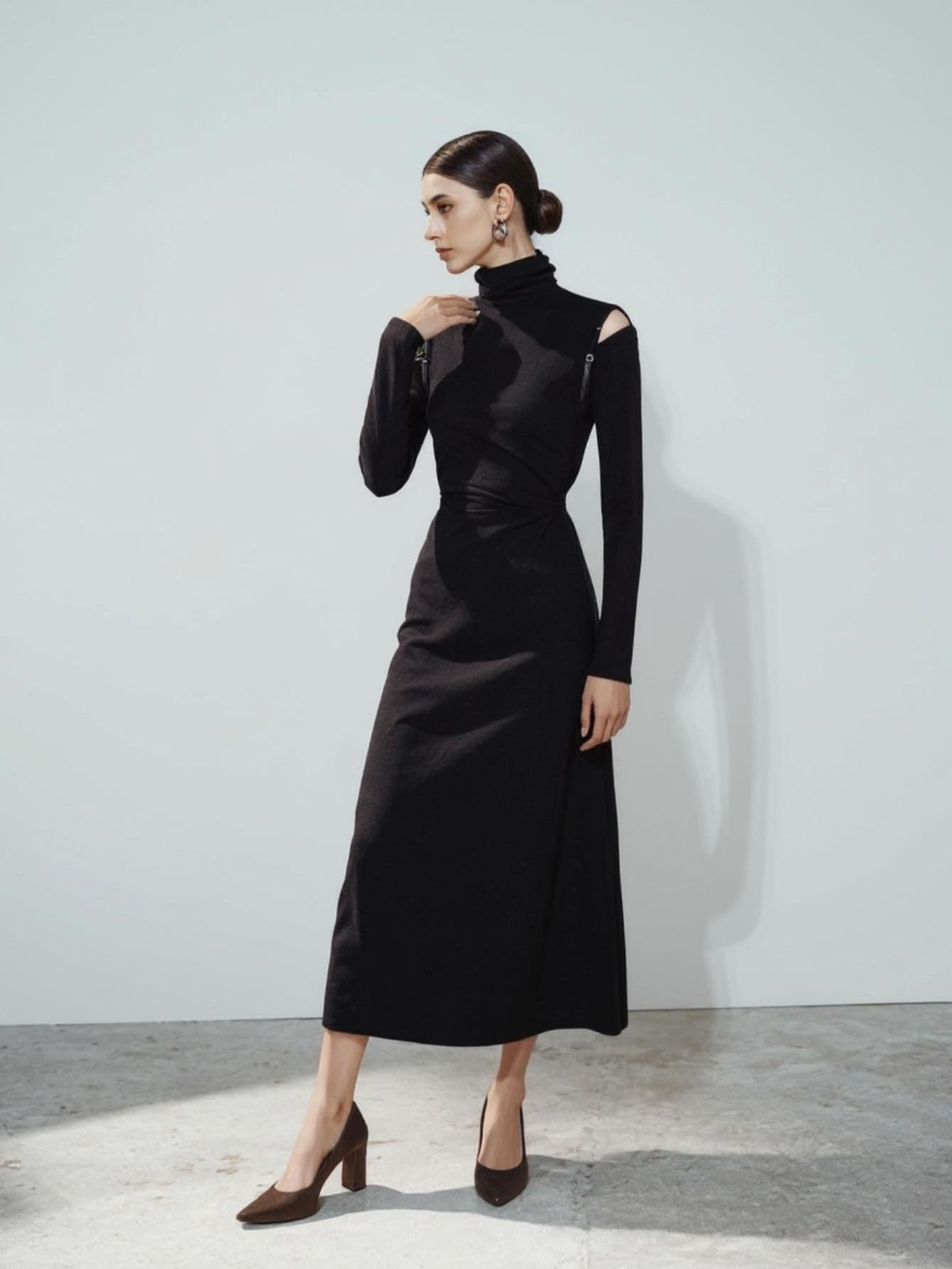 Autumn Dresses 2025 Women's Fashion Solid Color Long Sleeve High Neck A-Line Midi Streetwear Dresses