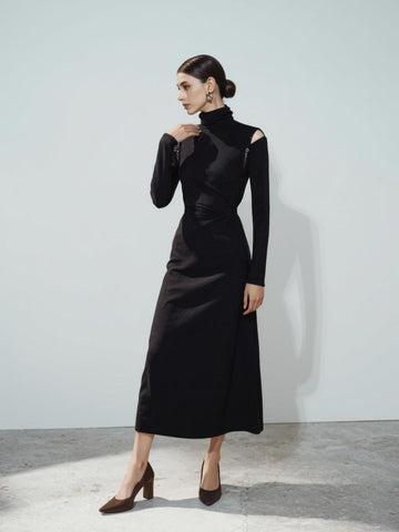 Autumn Dresses 2025 Women's Fashion Solid Color Long Sleeve High Neck A-Line Midi Streetwear Dresses