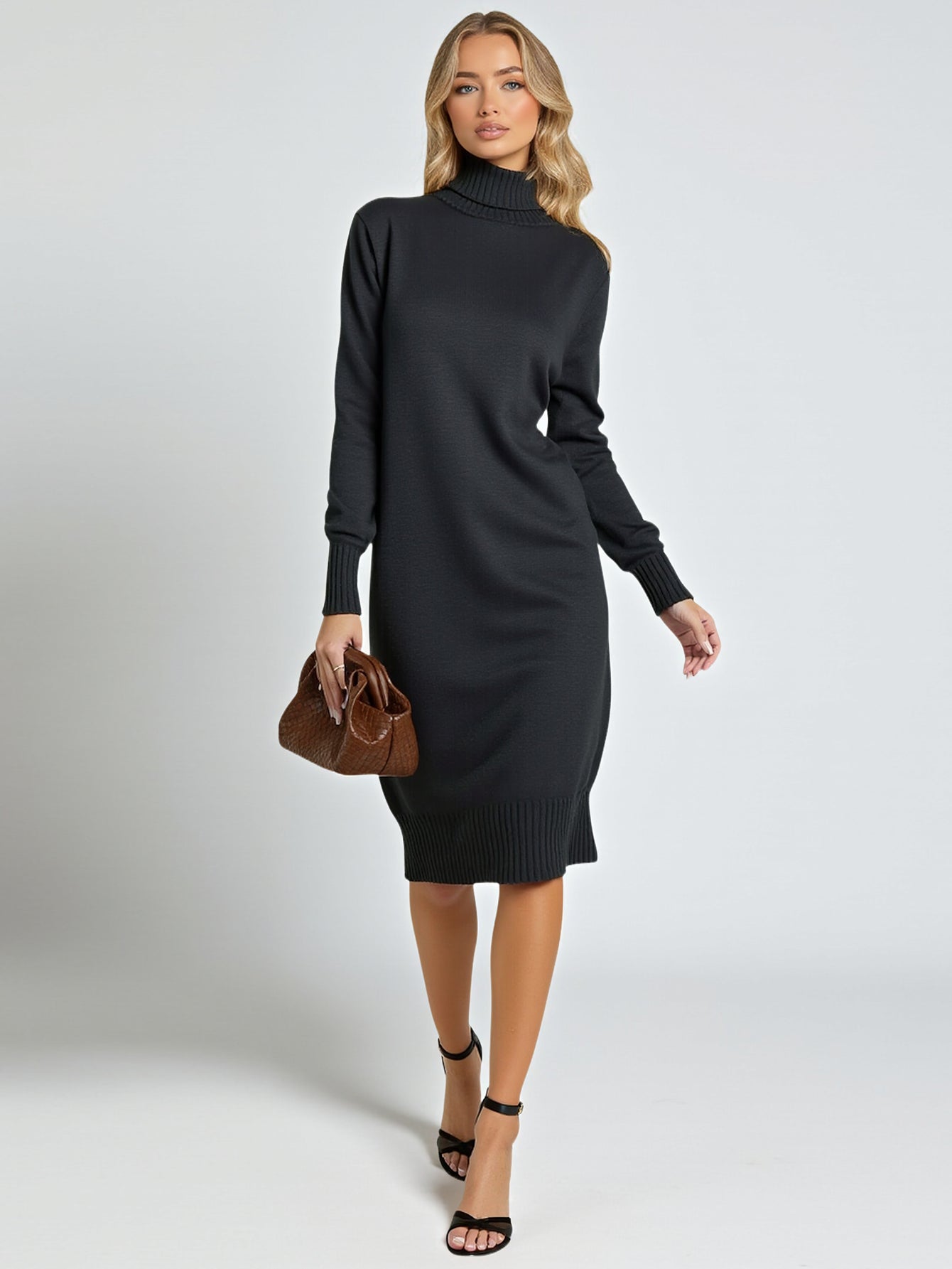 Women's Dresses Autumn Winter Simple Casual Comfortable Plain Rib Knit Long Sleeve Turtleneck Below Knee Daily Shift Dresses