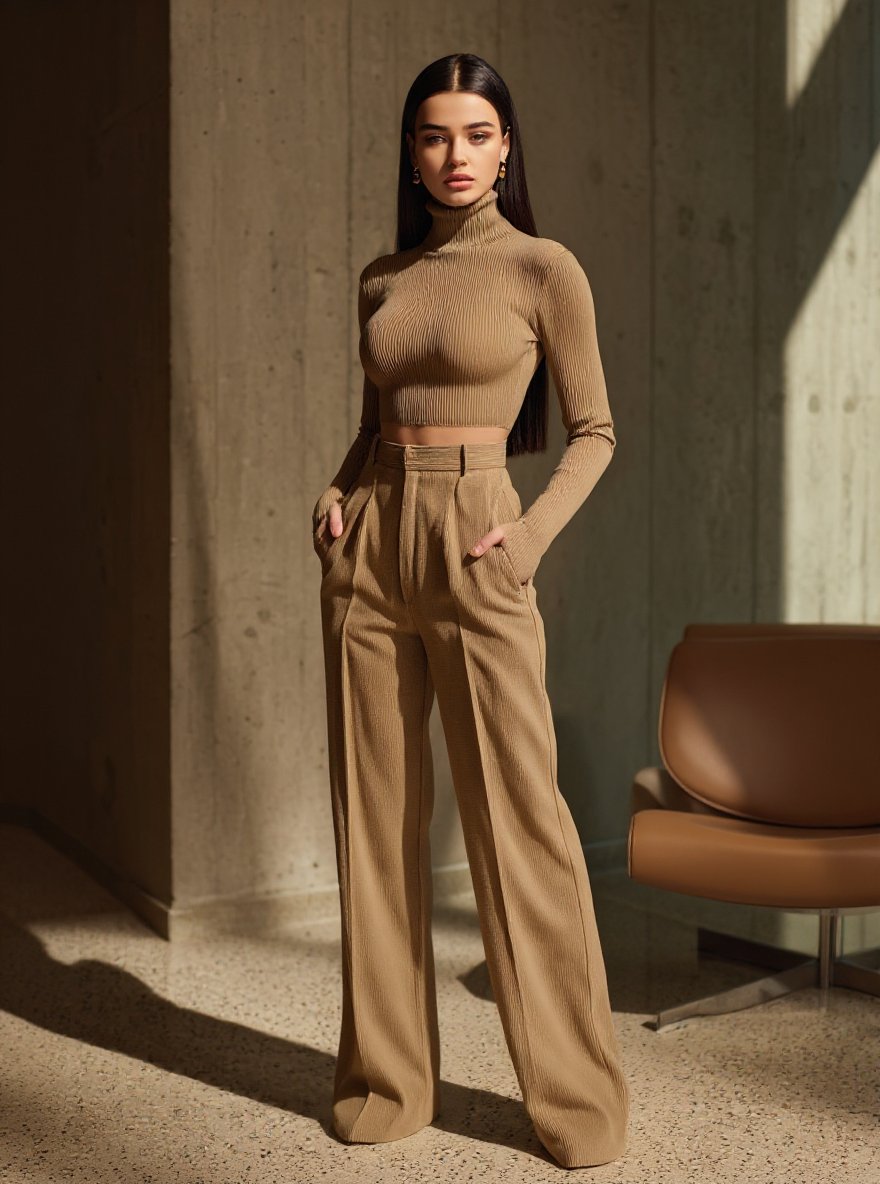 Women's Sets Autumn Casual T-shirt 2025 Plain High Neck Long Sleeve Daily T-shirt