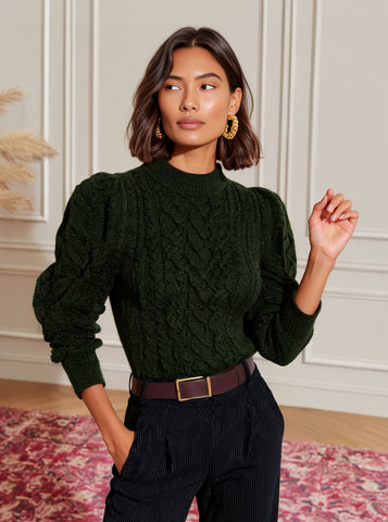 Casual Long Sleeve Round Neck Bubble Sleeve Sweater Regular Length Autumn Fashion Women's Top Comfortable Stretchy Knitwear