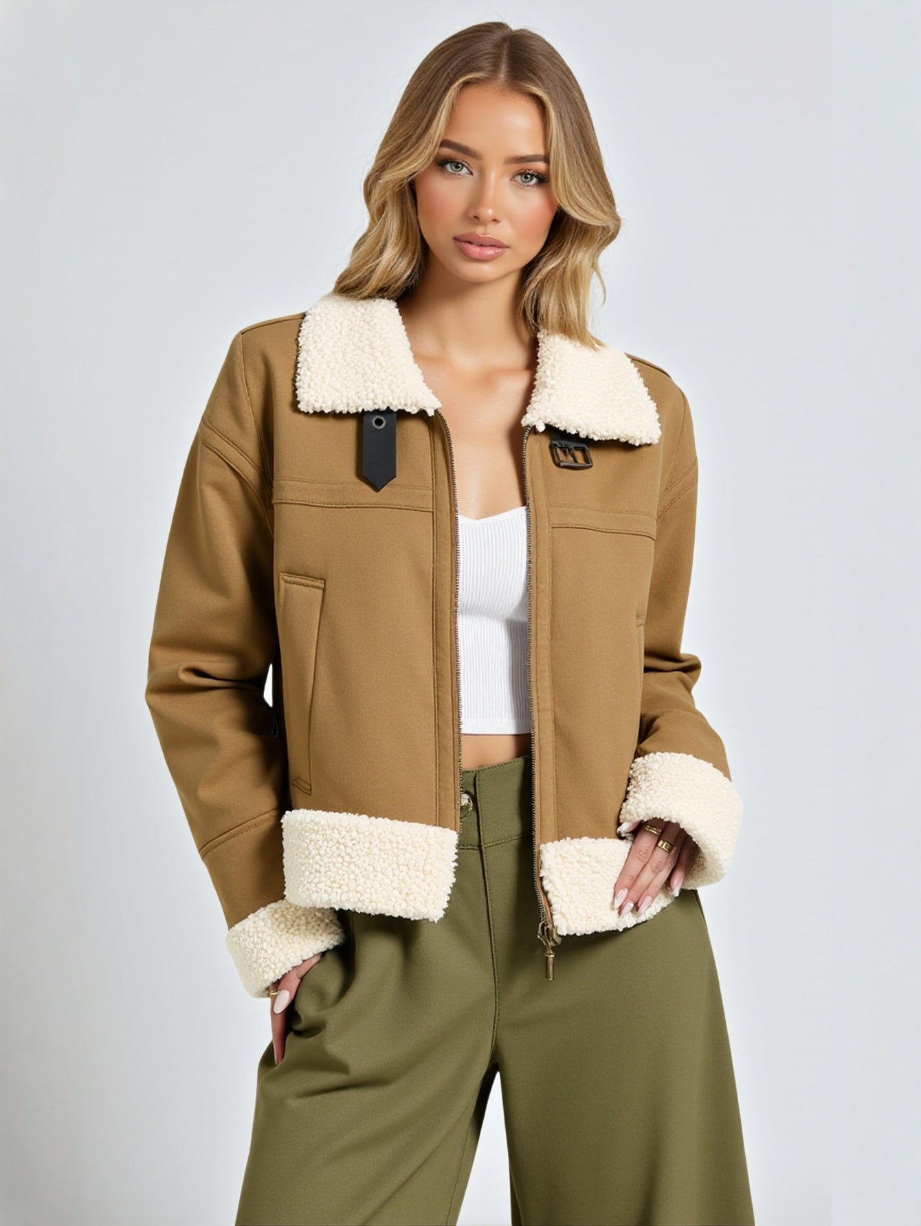 Autumn Winter Double-Sided Jacket European American Style Casual Fashion Middle Zipper Decoration Short Coat for Women