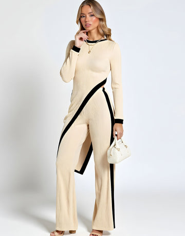 Women's Sets Autumn Fashion Asymmetrical Side Stripe 2025 Round Neck Long Sleeve Top Fit Full Length Pants Casual Sets