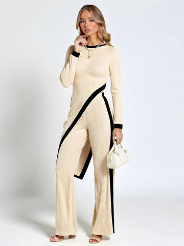 Women's Sets Autumn Fashion Asymmetrical Side Stripe 2025 Round Neck Long Sleeve Top Fit Full Length Pants Casual Sets