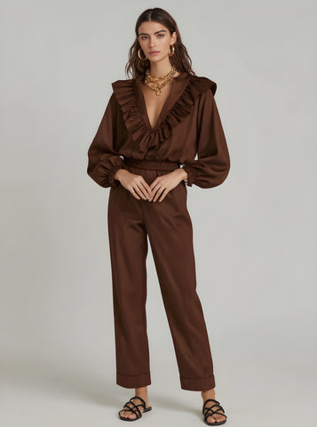 Women's Autumn Sets Wild High Street Solid Color Long Sleeve Plunge Neck Flounce Natural Waist Straight Ankle Sets