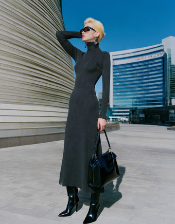 Autumn Tight Fit Dress High Collar Midi Skirt Casual Style Straight Sleeve Women's Clothing Fashionable Elegant