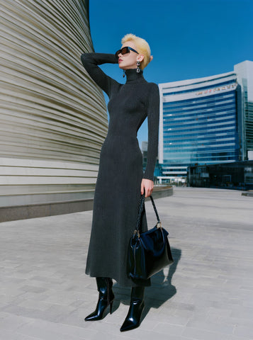 Autumn Tight Fit Dress High Collar Midi Skirt Casual Style Straight Sleeve Women's Clothing Fashionable Elegant