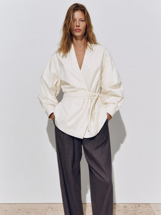 Autumn Shirts 2025 Women's Simple Plain Lace-Up Long Sleeve V-Neck Loose Fit Office Lady Shirts