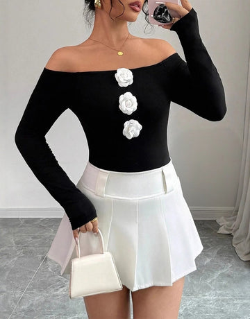 Women's Autumn Winter T-Shirts Chic Fitting Slim Contrast Color Long Sleeve Off Shoulder Wrap Casual Tees
