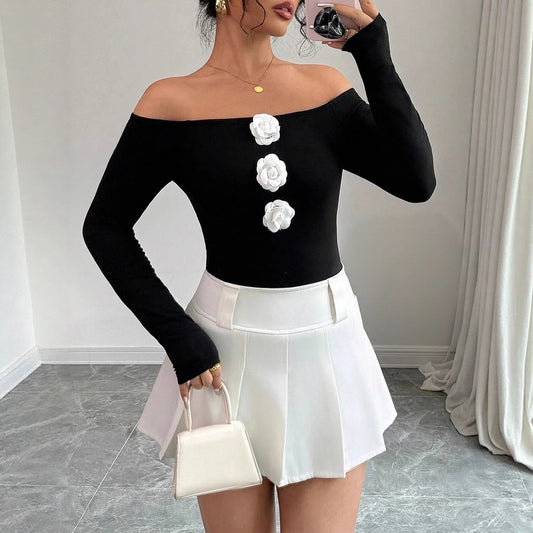 Women's Autumn Winter T-Shirts Chic Fitting Slim Contrast Color Long Sleeve Off Shoulder Wrap Casual Tees
