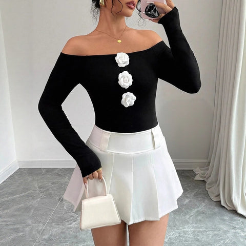 Women's Autumn Winter T-Shirts Chic Fitting Slim Contrast Color Long Sleeve Off Shoulder Wrap Casual Tees