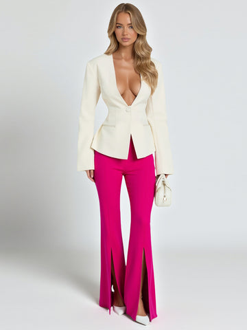 Slim High Waist Elastic Stretch Pants Casual Slit High Waist Micro-Pants with Slit for Women