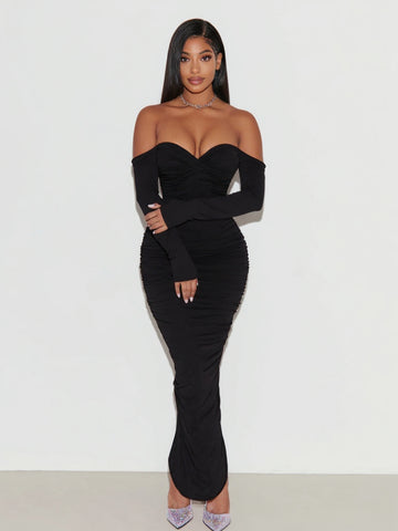 Women's 2025 Autumn Fashion Dresses Long Sleeve Off Shoulder Plain Party Skinny Fit Dresses