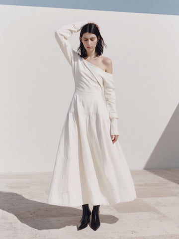 Autumn Dresses 2025 Women's Elegant Sexy Plain Long Sleeve One-Shoulder A-Line Midi Dating Dresses