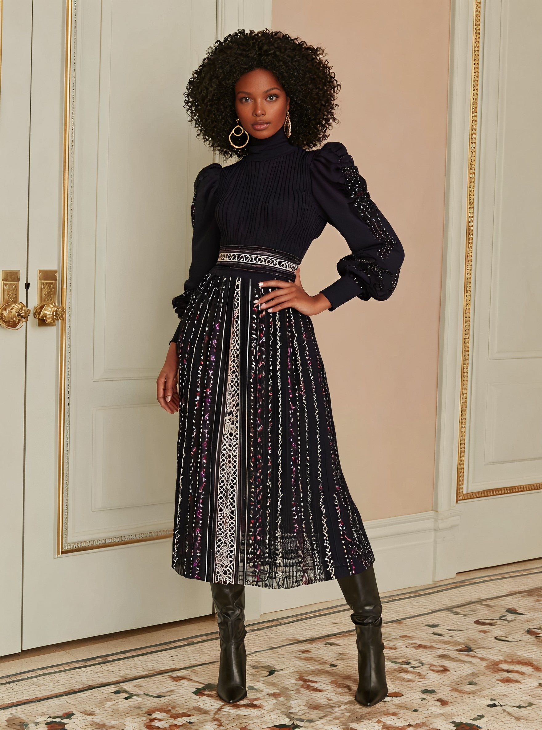 Casual Round Neck Lantern Sleeve Dress Autumn Fit A-Line Midi Skirt Style Women's Fashion Clothing