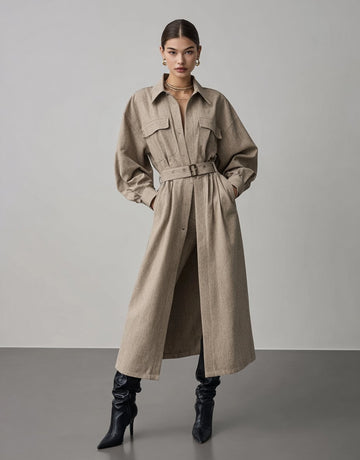 Women's Trench Coat Autumn Elegant 2025 Plain Belted Shirt Collar Long Sleeve Long Business Trench Coat