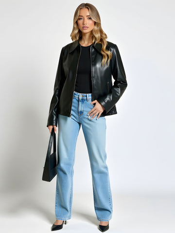 Women's Retro Lapel Zipper Leather Jacket Casual Style European And American Fashion for Ladies