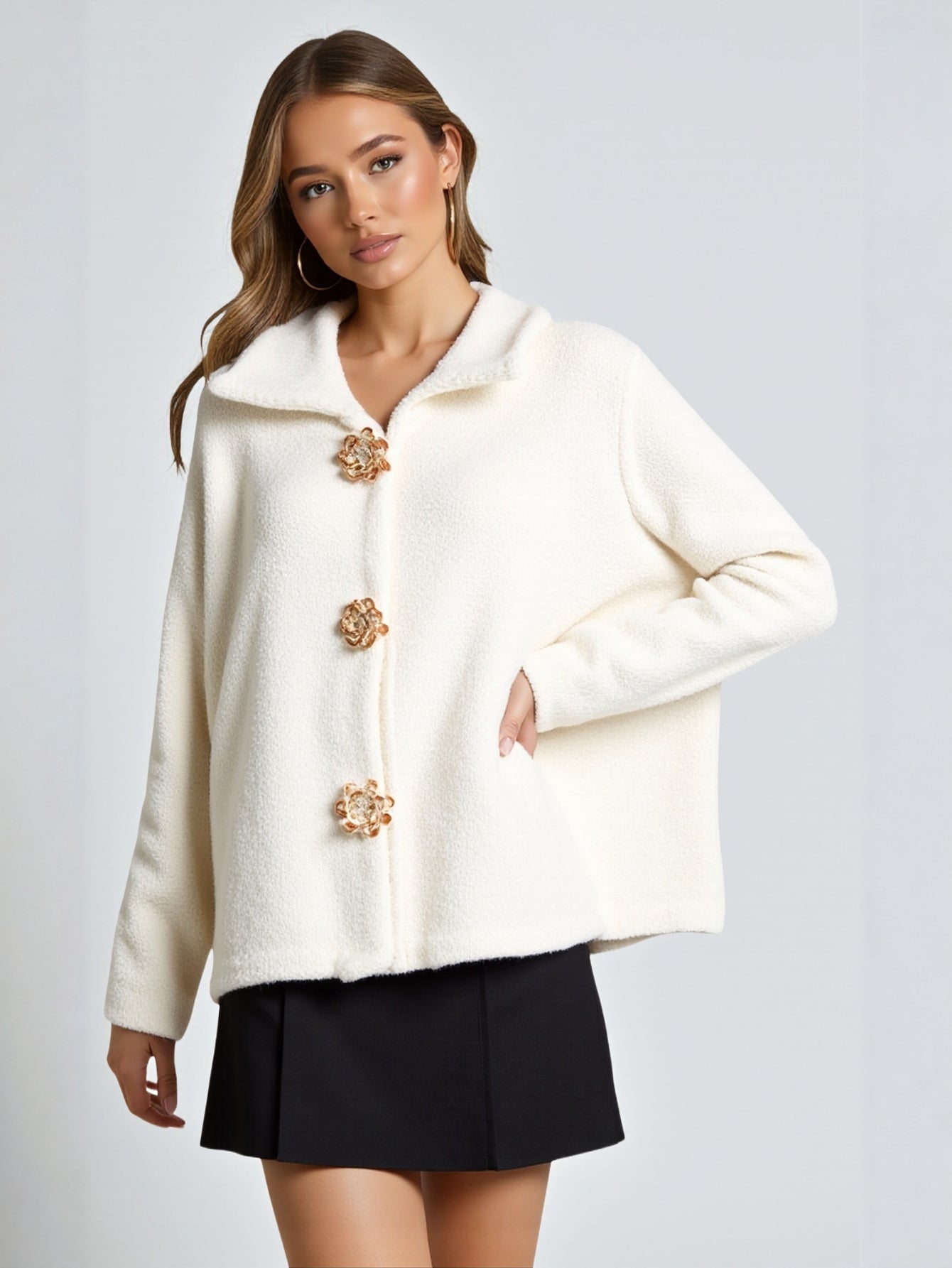 Vintage Faux Sweater Knitted Cardigan Soft Waxy Ins Style with Flower Buttons All-match Jacket Top for Women