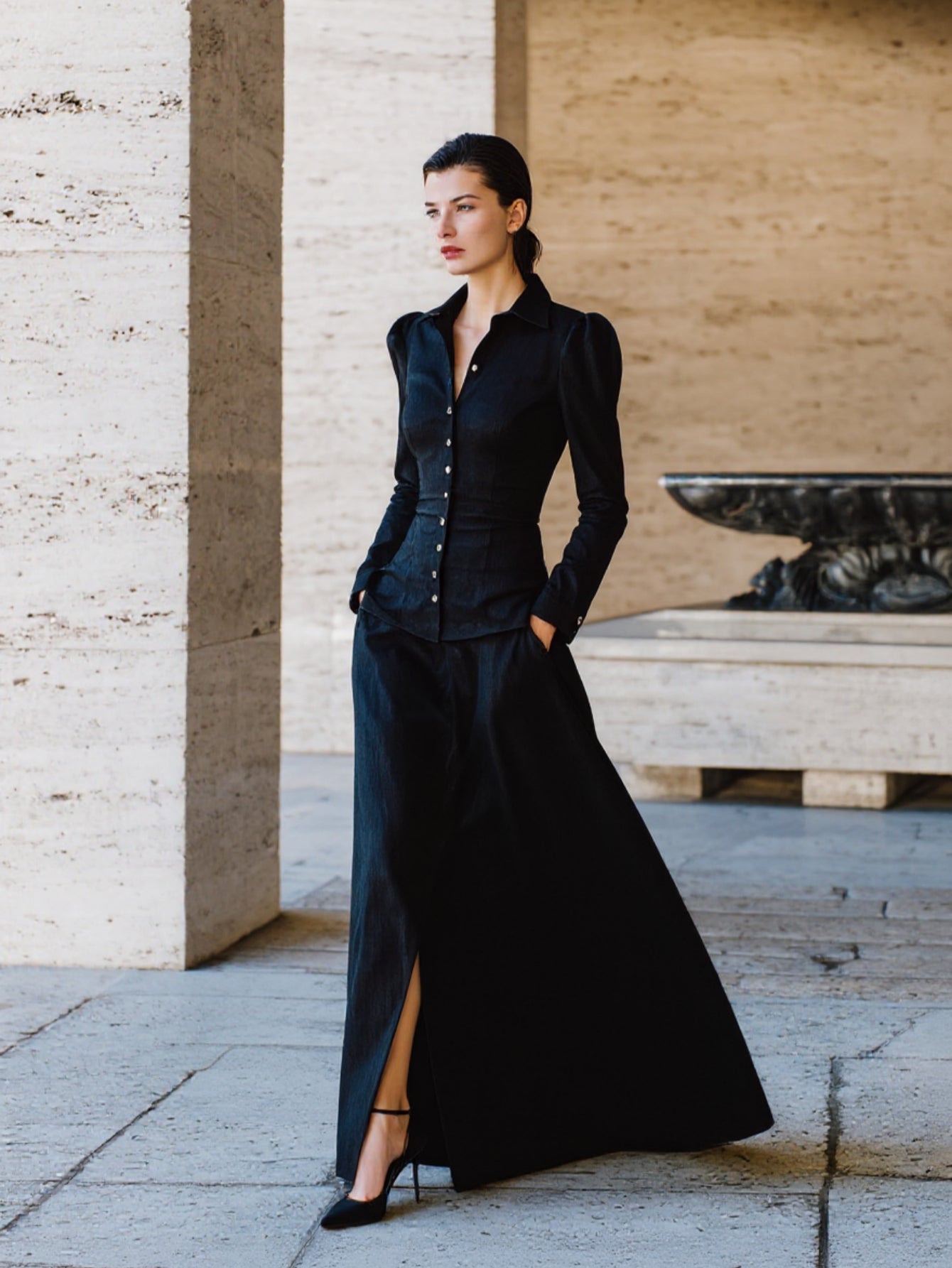 Women's Sets Autumn Winter Chic Plain Button Single Breasted Puff Sleeve Shirt Collar Maxi Dating Dresses Sets