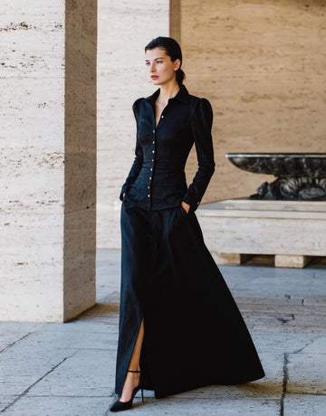 Women's Sets Autumn Winter Chic Plain Button Single Breasted Puff Sleeve Shirt Collar Maxi Dating Dresses Sets