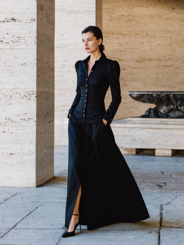 Women's Sets Autumn Winter Chic Plain Button Single Breasted Puff Sleeve Shirt Collar Maxi Dating Dresses Sets