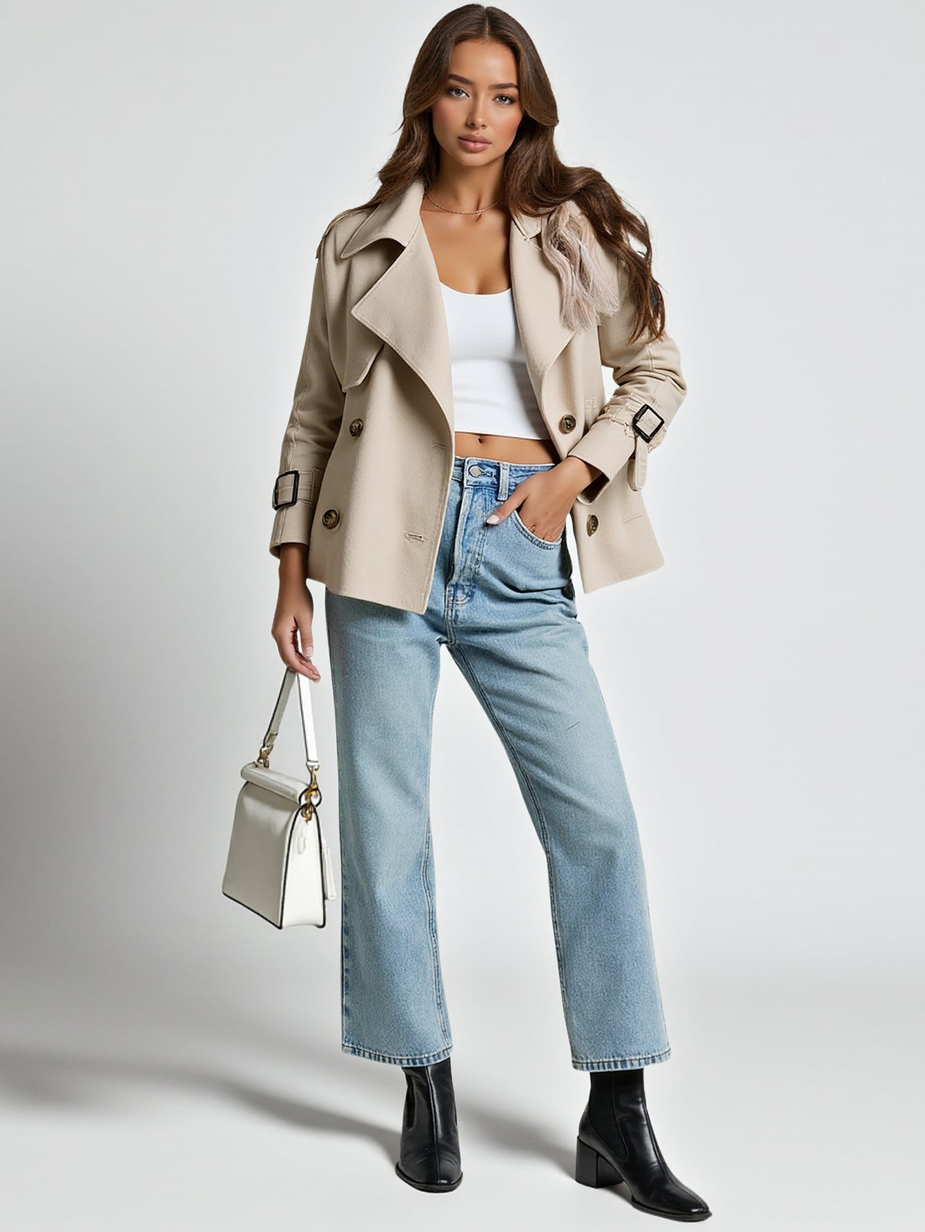 Women's Double-Breasted Jacket Waist-Cinching Windbreaker European American Style with Sleeves Fashion Trend