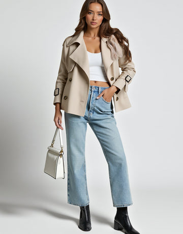 Women's Double-Breasted Jacket Waist-Cinching Windbreaker European American Style with Sleeves Fashion Trend