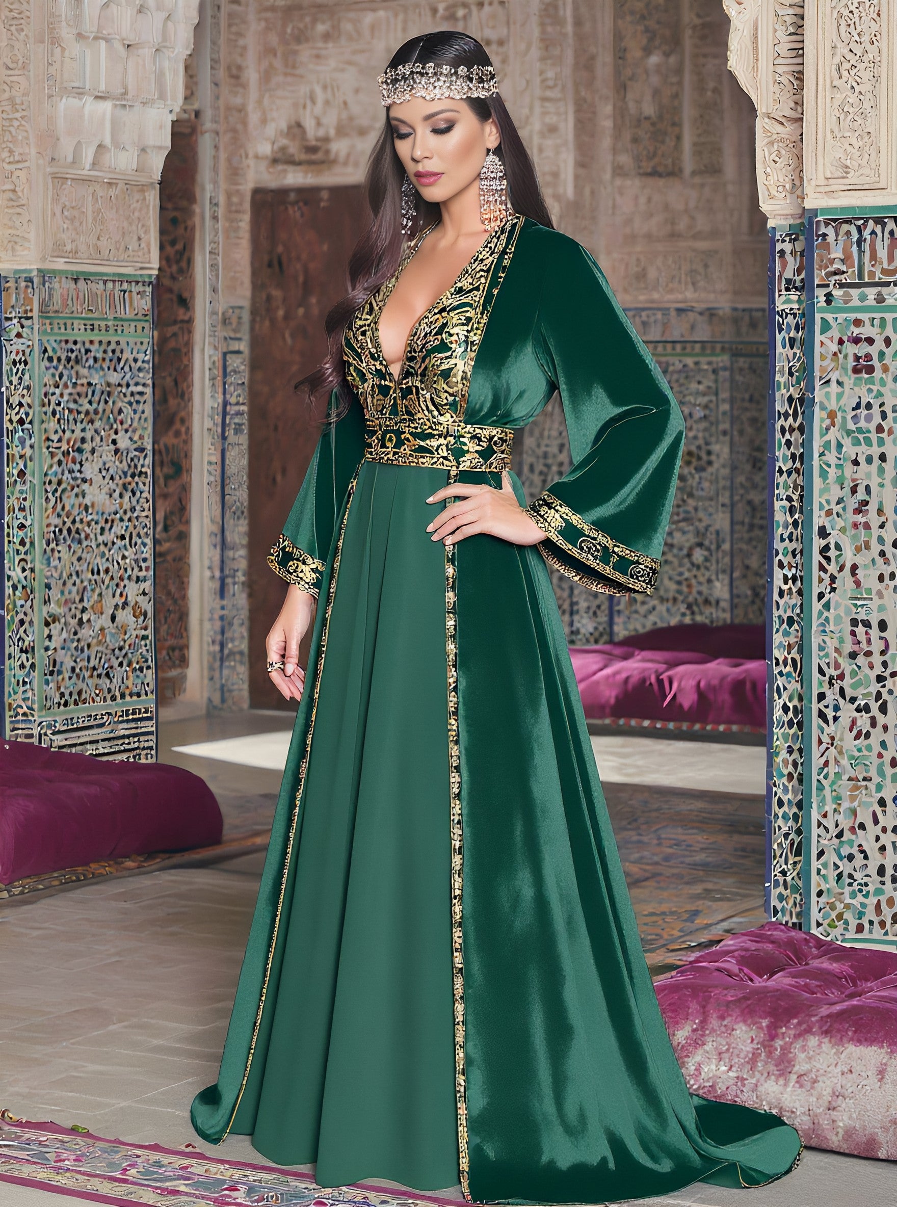 Loose Fit Casual Dress Autumn V Neck Long Straight Sleeve Floor Length A-Line Skirt Muslim Fashion Women's Dress