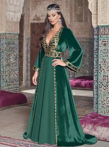 Loose Fit Casual Dress Autumn V Neck Long Straight Sleeve Floor Length A-Line Skirt Muslim Fashion Women's Dress