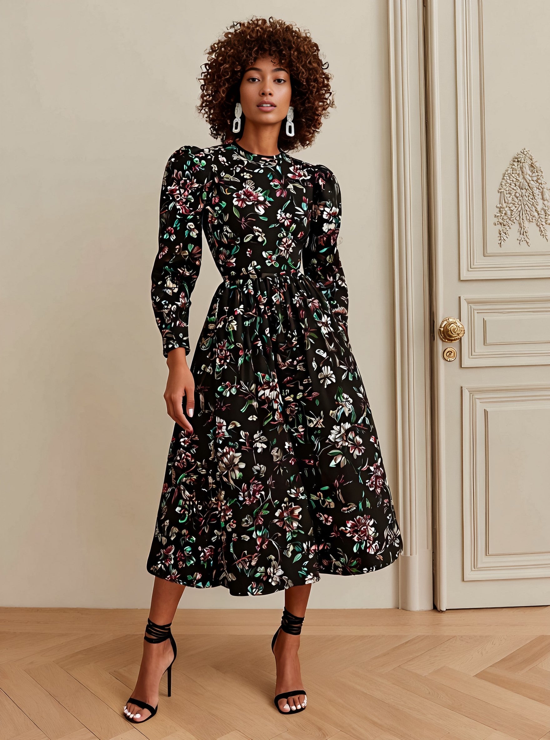 Casual Mid-Length A-Line Dress Bubble Sleeve Round Neck Fitted Style Women's Fashion Spring Autumn Seasonal Clothing